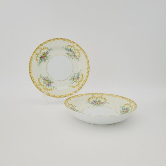 Noritake Charon Salad Plate & Coupe Soup Bowl, c1933-40, Floral & Yellow Scrolls - Picture 1 of 11
